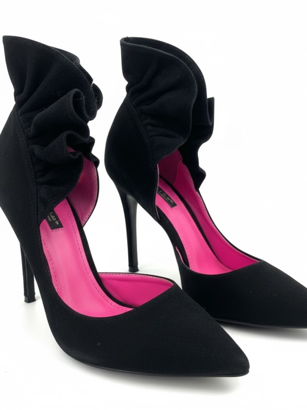 Vices Black Ruffle-Trim Pointed-Toe Stiletto Pumps with Pink Lining Sz 7.5 or 8
